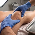 Fizjoterapeuta prowadzący ćwiczenia rehabilitacyjne kolana po urazie gen. AI