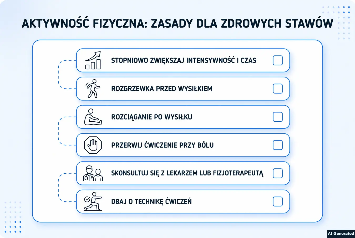 Checklista zasad aktywności fizycznej przy zdrowiu stawów.