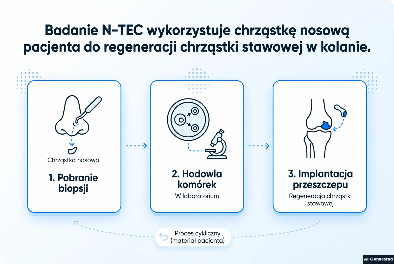 Schemat terapii N-TEC: biopsja, hodowla komórek i implantacja przeszczepu do kolana.