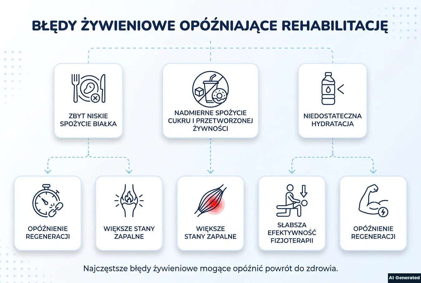 Drzewo decyzyjne pokazujące błędy żywieniowe opóźniające rehabilitację.