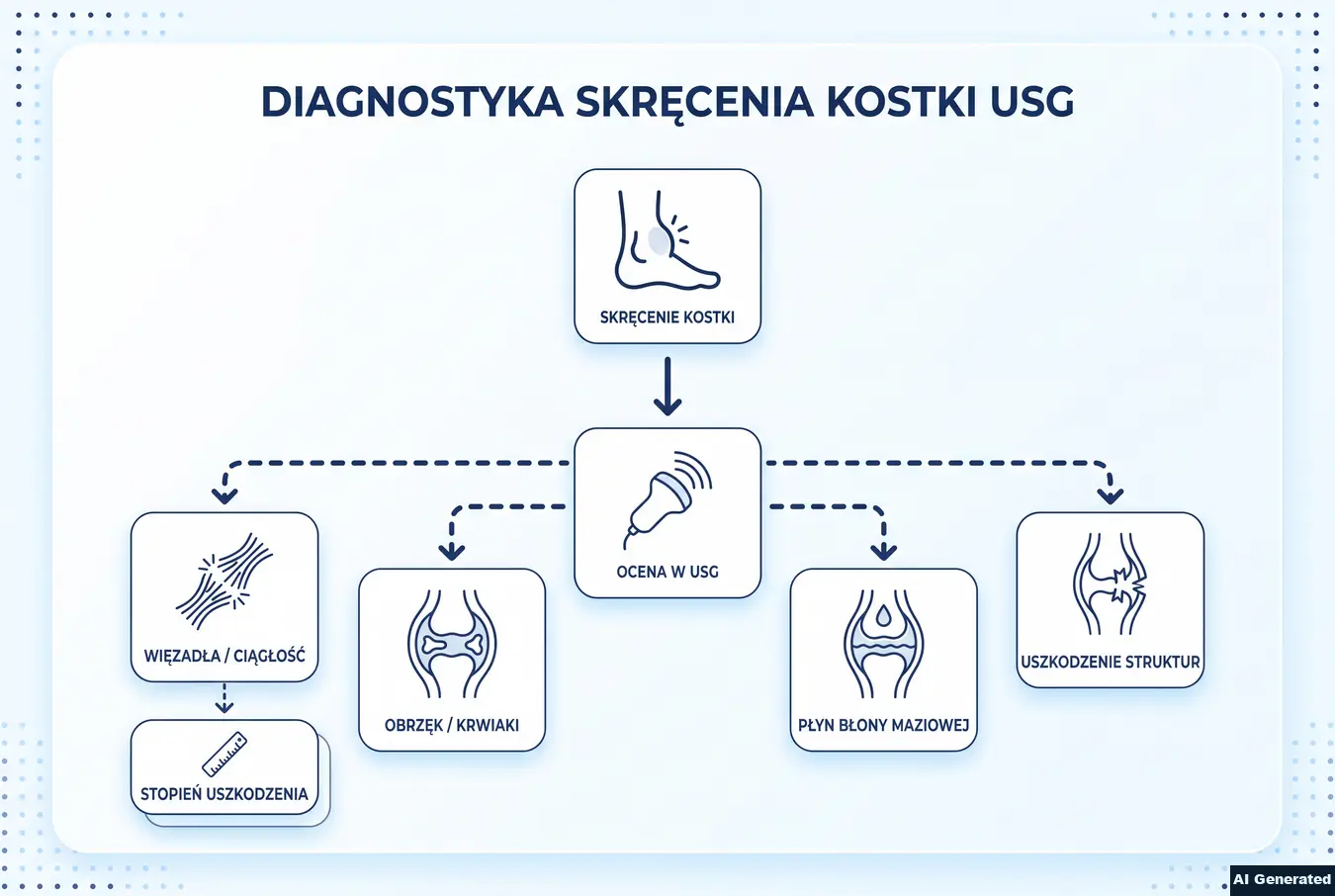 Schemat diagnostyczny skręcenia kostki w USG.