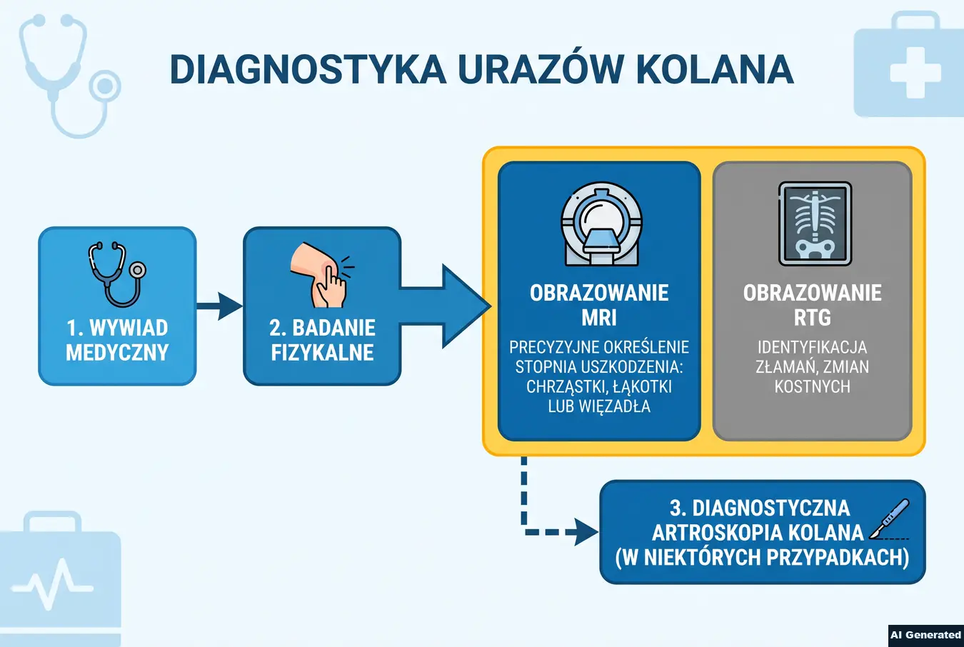 Ścieżka diagnostyczna urazów kolana z MRI i RTG.