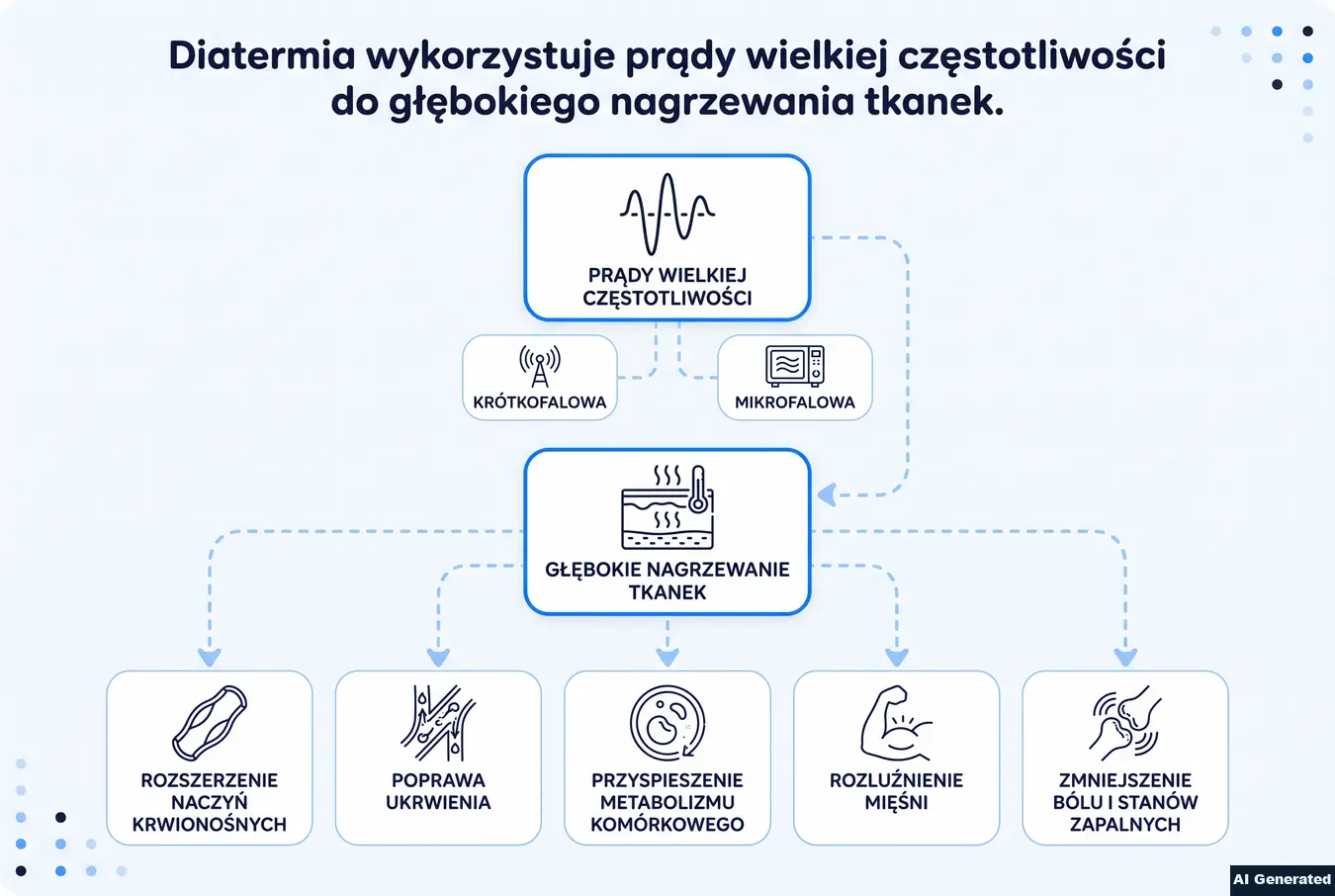 Schemat działania diatermii i jej efektów fizjologicznych.