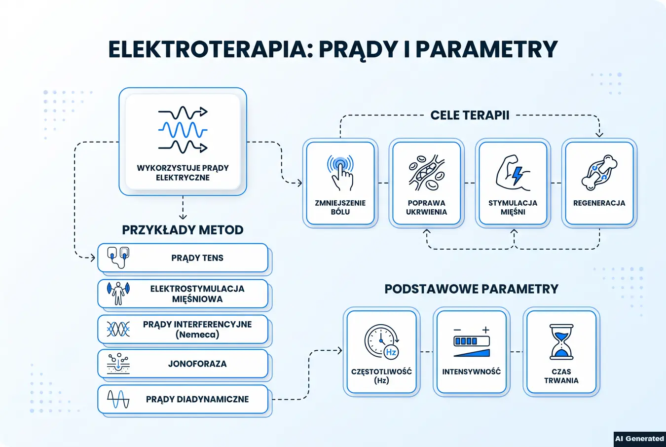 Elektroterapia z celami, przykładami metod i podstawowymi parametrami.