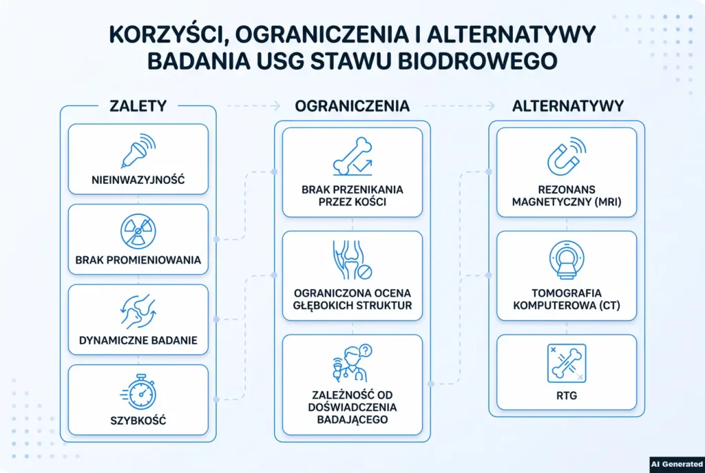 Porównanie zalet, ograniczeń i alternatyw USG stawu biodrowego.