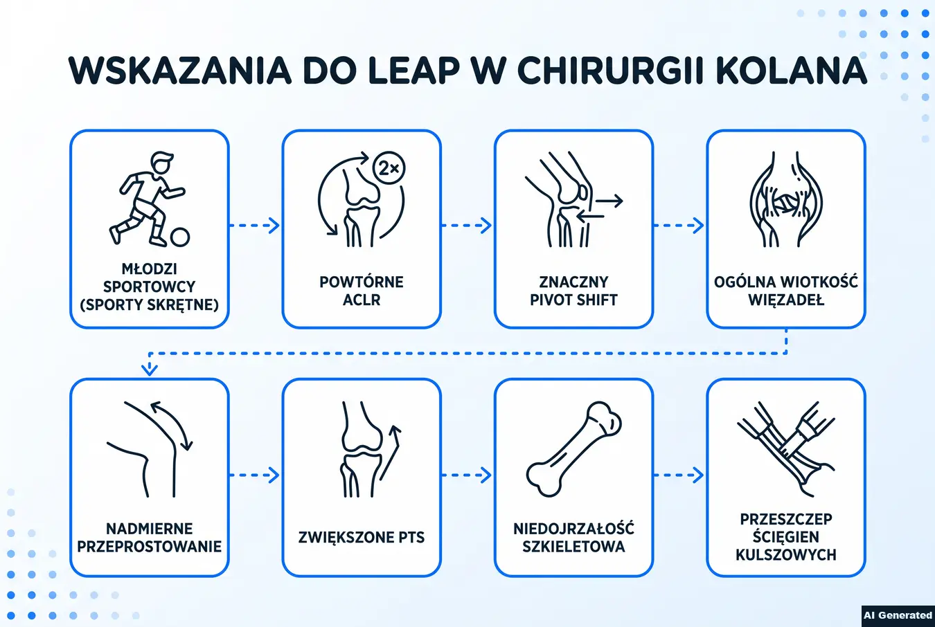 Lista wskazań do LEAP w chirurgii sportowego kolana.