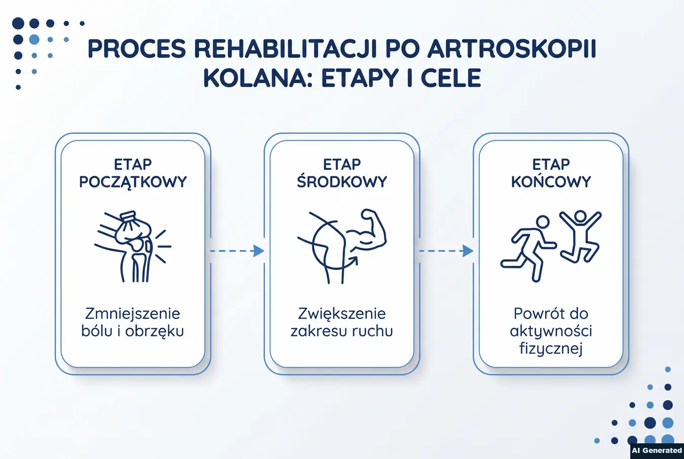 Schemat pipeline przedstawiający trzy etapy rehabilitacji po artroskopii kolana i ich cele.