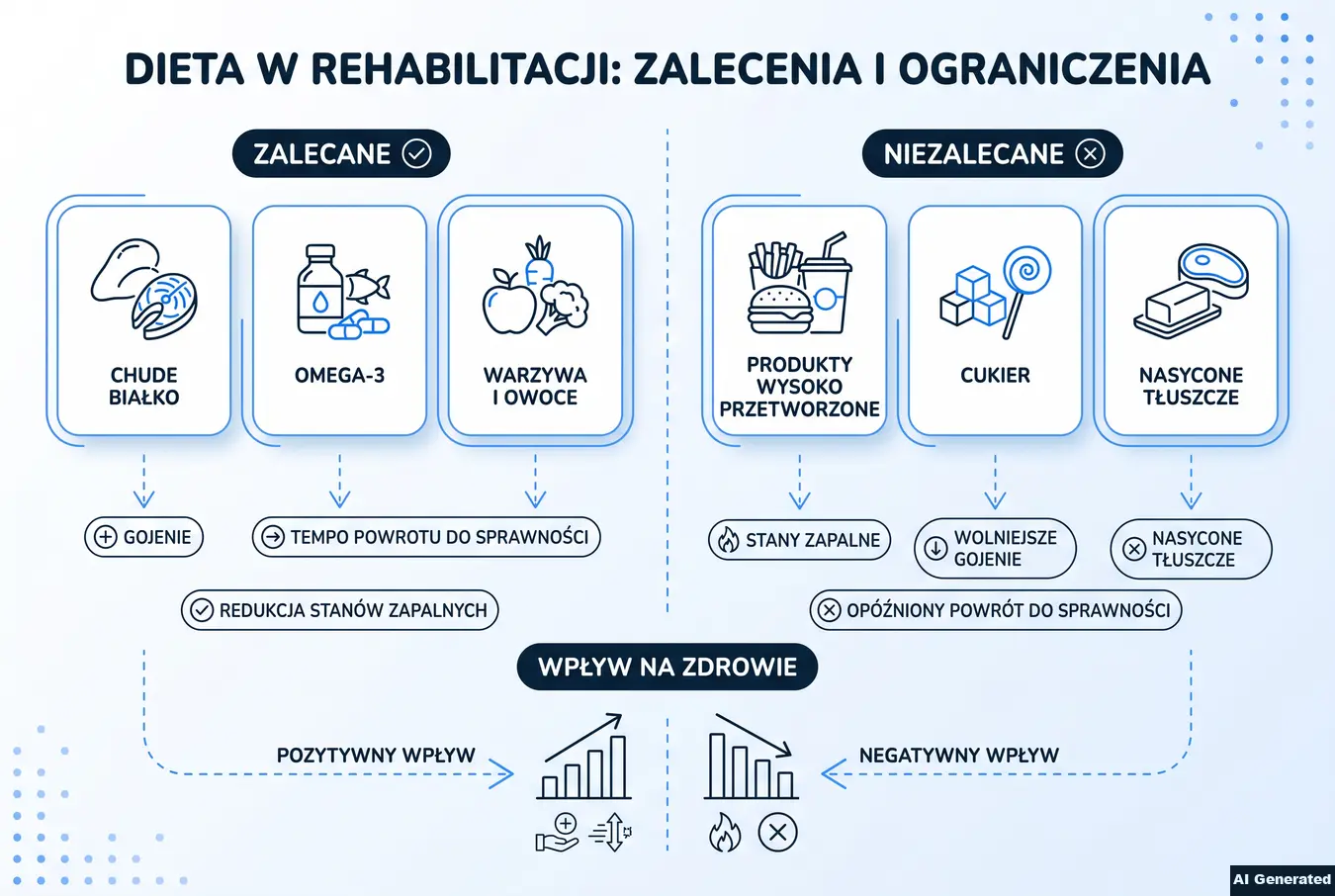 Porównanie produktów zalecanych i niezalecanych w rehabilitacji.