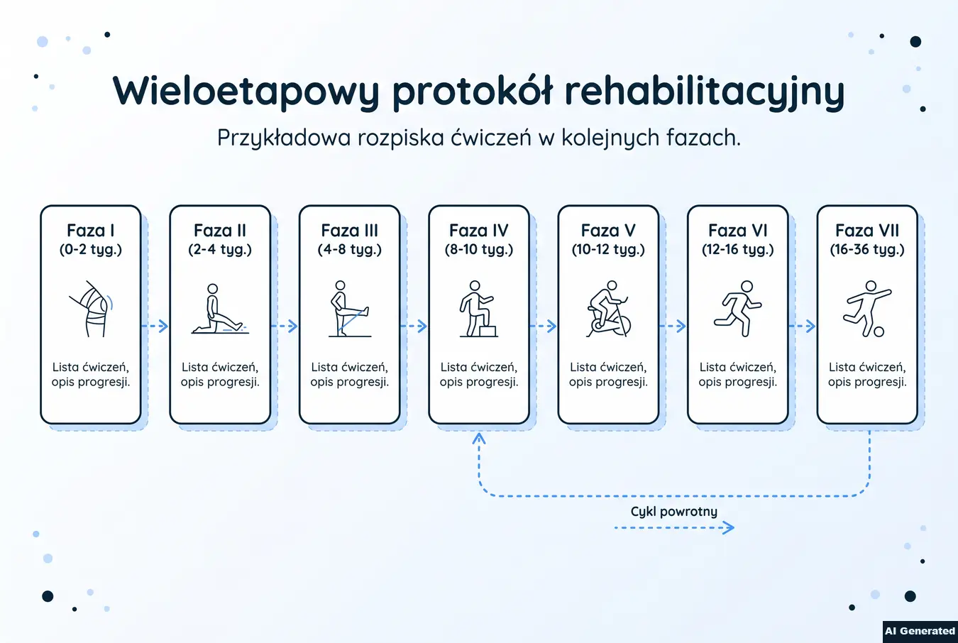 Wieloetapowy protokół rehabilitacyjny z fazami I-VII i zakresami tygodni.