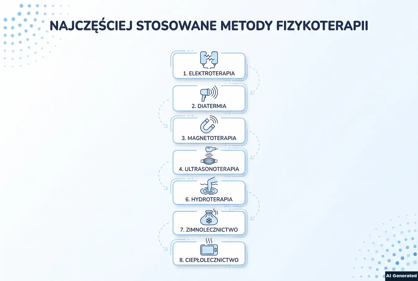 Lista najczęściej stosowanych metod fizykoterapii.