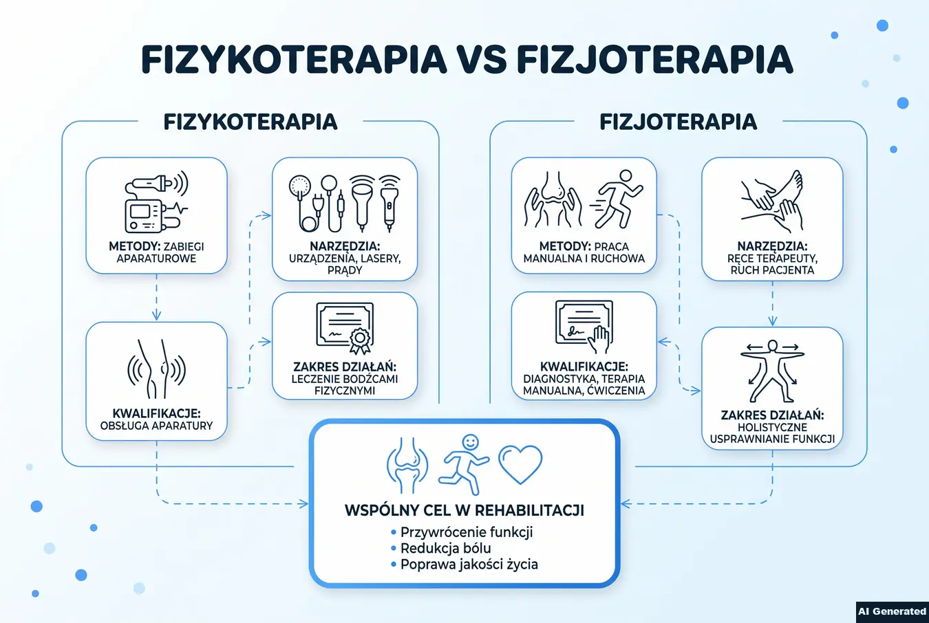 Porównanie fizykoterapii i fizjoterapii według metod, narzędzi, kwalifikacji i zakresu działań.
