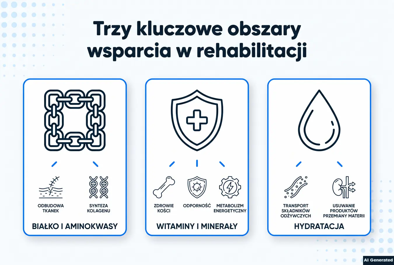 Porównanie trzech grup składników odżywczych wspierających rehabilitację i ich funkcji.