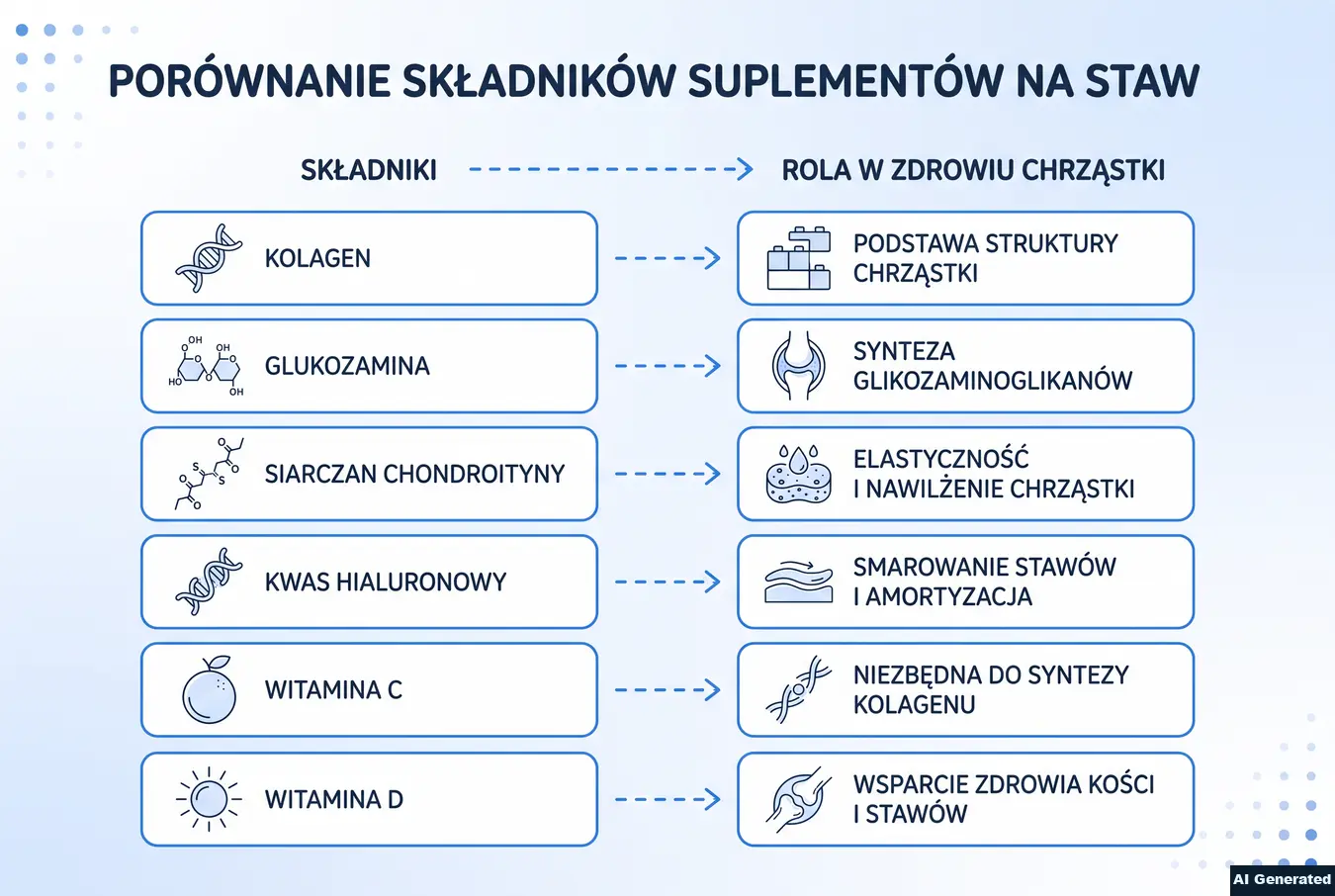 Tabela porównująca składniki suplementów na stawy i ich role.