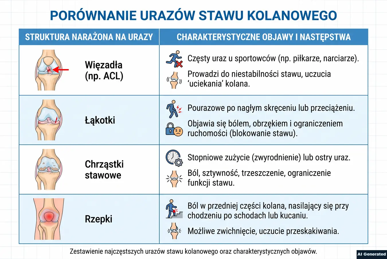 Porównanie urazów stawu kolanowego i ich objawów.