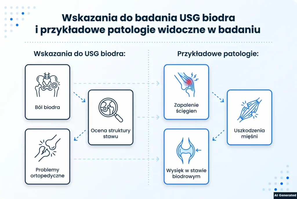Porównanie wskazań do USG biodra i przykładowych patologii.